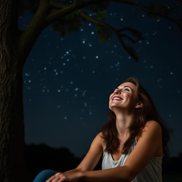 women sitting beneath a tree on a starlit night